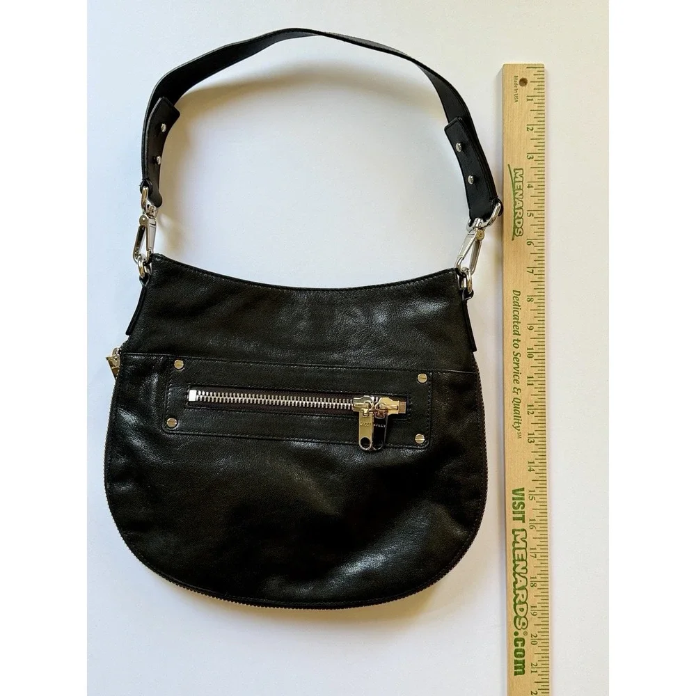 MILLY Black Leather Hobo Bag Expandable Bottom Silver Zip Shoulder Bag NWOT